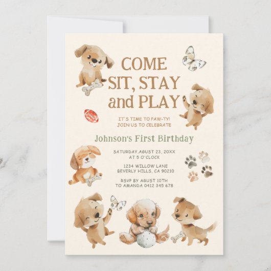 子犬パーティーの誕生日招待状 招待状 (正面)