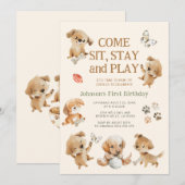 子犬パーティーの誕生日招待状 招待状 (正面/裏面)