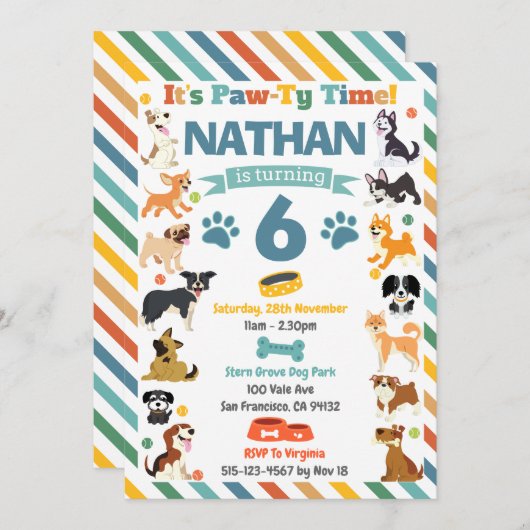 子犬パーティーアニマルズの誕生日 招待状 (正面/裏面)