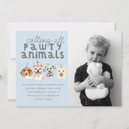 子犬パーティー動物誕生日写真 招待状 (正面)