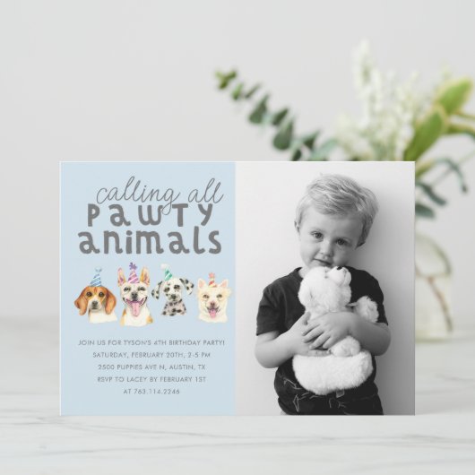 子犬パーティー動物誕生日写真 招待状 (スタンド正面)