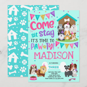 子犬パーティー招待ピンクのわんこ誕生日パーティー 招待状