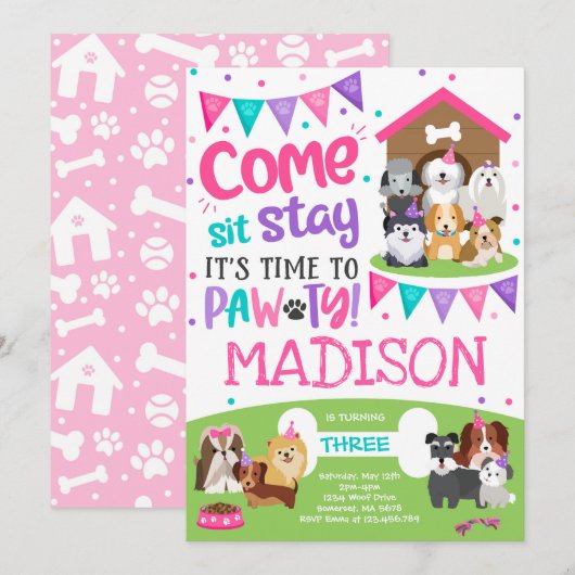 子犬パーティー招待ピンクの犬の誕生日パーティー 招待状 (正面/裏面)