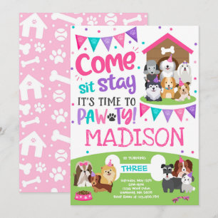 子犬パーティー招待ピンクの犬の誕生日パーティー 招待状