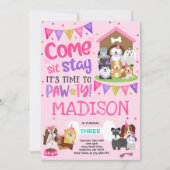 子犬パーティー招待状 ピンクのわんこ誕生日パーティー 招待状 (正面)
