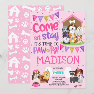 子犬パーティー招待状 ピンクのわんこ誕生日パーティー 招待状