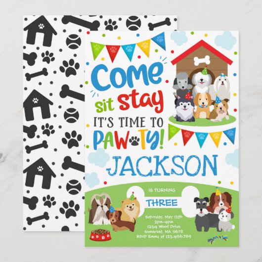 子犬パーティー招待 犬の誕生日パーティー ボーイ 招待状 (正面/裏面)