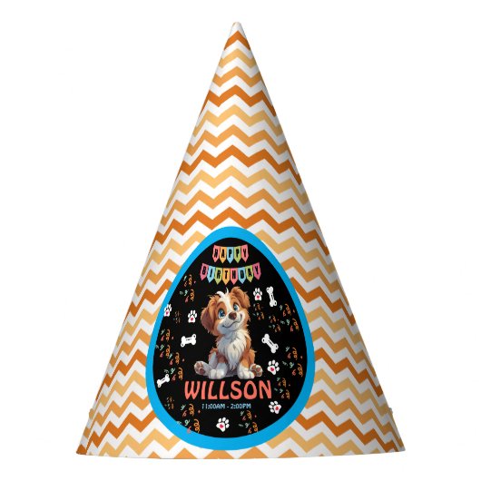 子犬パーティー誕生日 | かわいいキッズドッグテーマ パーティーハット (正面)