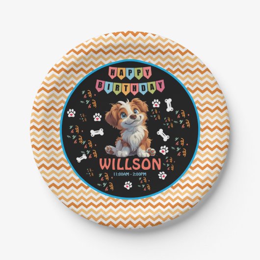 子犬パーティー誕生日 | かわいいキッズドッグテーマ ペーパープレート (正面)