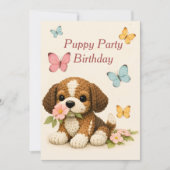 子犬パーティー 誕生日 フローラル 蝶 招待状 (正面)