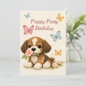 子犬パーティー 誕生日 フローラル 蝶 招待状 (スタンド正面)