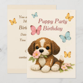 子犬パーティー 誕生日 フローラル 蝶 招待状