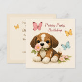 子犬パーティー 誕生日 フローラル 蝶 招待状 (正面/裏面)