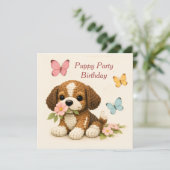 子犬パーティー 誕生日 フローラル 蝶 招待状 (スタンド正面)