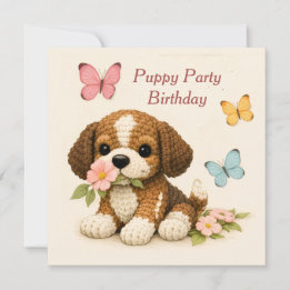 子犬パーティー 誕生日 フローラル 蝶 招待状