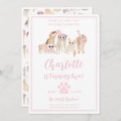 子犬パーティ ピンクの犬のテーマ 女の子の誕生日パーティ 招待状 (正面/裏面)