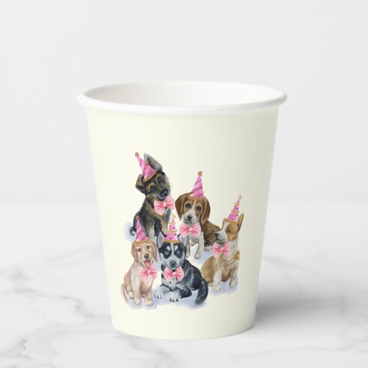 子犬🐶ピンクの最初の誕生日パーティー 紙コップ (正面)
