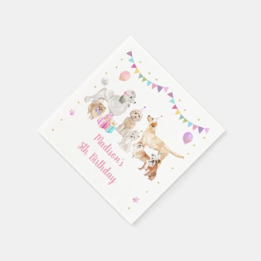 子犬ピンク金ゴールドポーティガール誕生日 スタンダードカクテルナプキン (角)