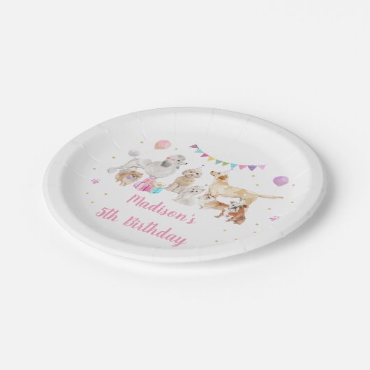 子犬ピンク金ゴールドポーティガール誕生日 ペーパープレート (アングル)