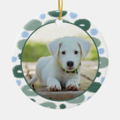 子犬ペットブルーカラフルグリーンパターン写真 セラミックオーナメント (正面)