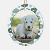 子犬ペットブルーカラフルグリーンパターン写真 セラミックオーナメント (左)