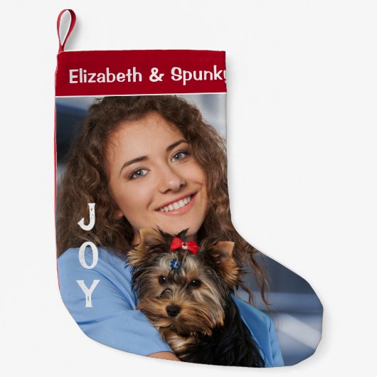 子犬ペット動物の写真の休日をパーソナライズ スモールクリスマスストッキング (正面)