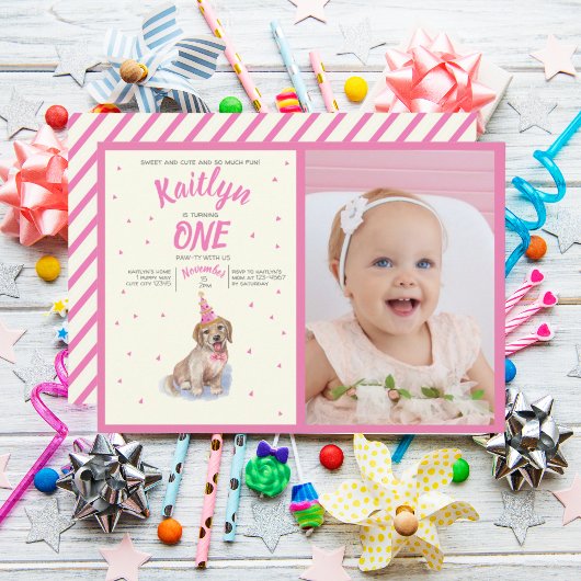 子犬🐶ラブラドールピンク第1誕生日写真 招待状
