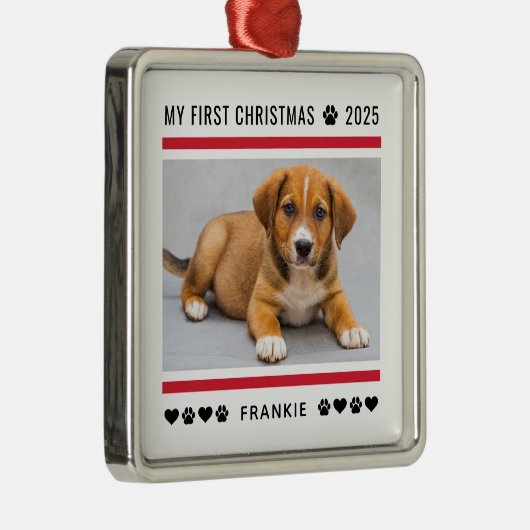 子犬初めてのクリスマス赤カスタムい写真 メタルオーナメント (右)