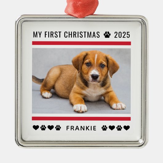 子犬初めてのクリスマス赤カスタムい写真 メタルオーナメント (正面)