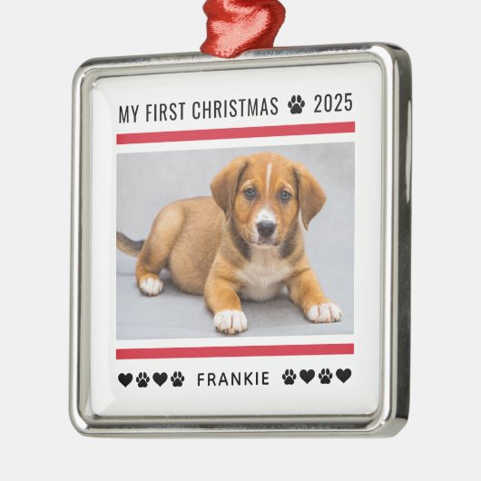 子犬初めてのクリスマス赤カスタムい写真 メタルオーナメント (左)
