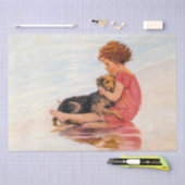 子犬子供へのヴィンテージ・デカップージとの小さな女の子 薄葉紙 (クラフト)