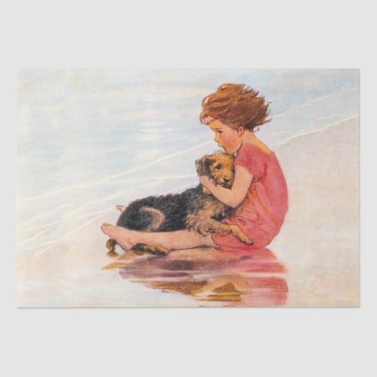 子犬子供へのヴィンテージ・デカップージとの小さな女の子 薄葉紙 (正面)