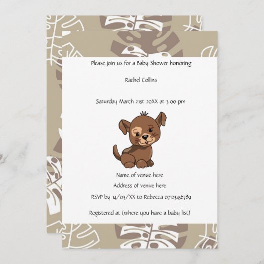 子犬用デザインベビーシャワー 招待状 (正面/裏面)