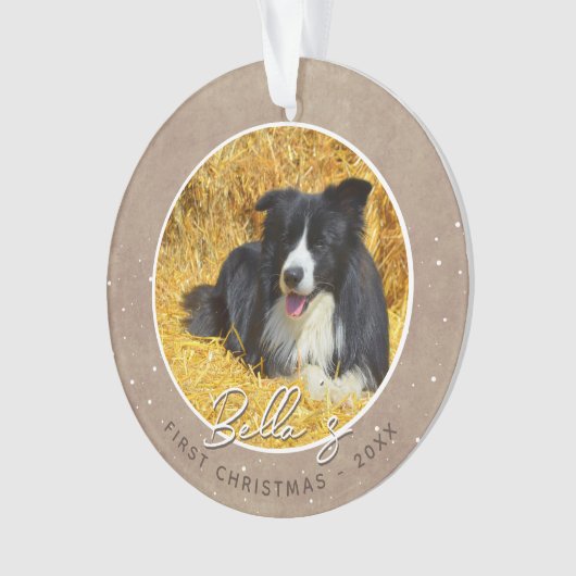 子犬素朴の初めてのクリスマス犬の写真 オーナメント (正面)