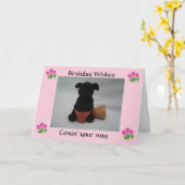 子犬誕生日の願い カード (黄色い花)