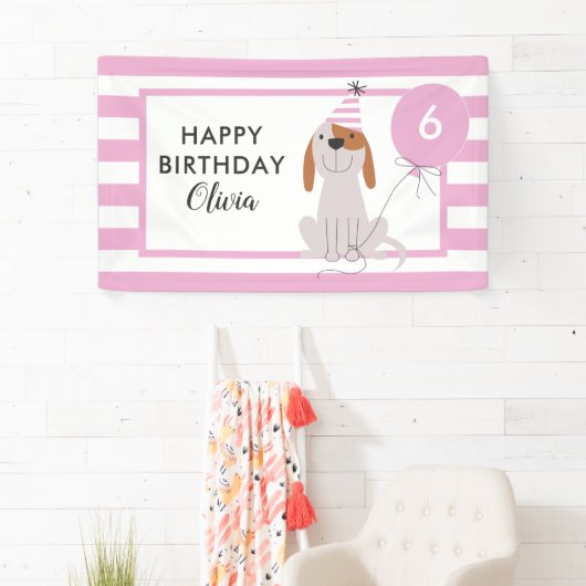 子犬誕生日バナーピンクストライプ色 横断幕 (インサイチュ)