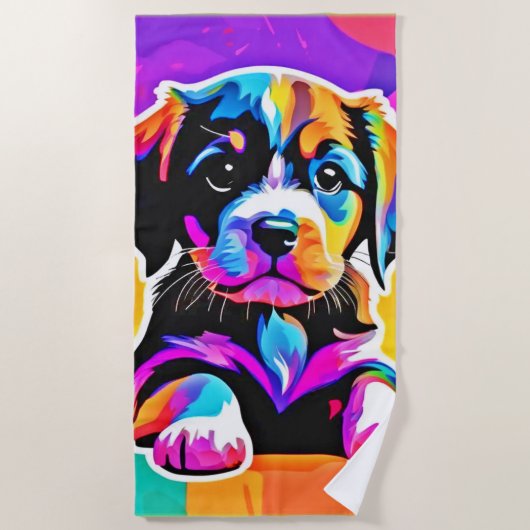 子犬鮮やかのアートワーク ビーチタオル (正面)