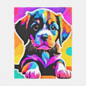 子犬鮮やかのアートワーク フリースブランケット (正面)