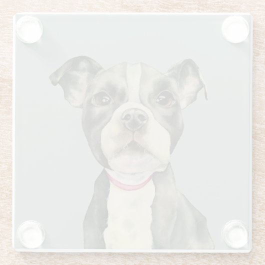 "子犬"はピット・ブル犬の水彩画の絵画を注目します ガラスコースター (裏面)