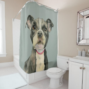 "子犬"はピット・ブル犬の水彩画の絵画を注目します シャワーカーテン