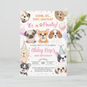 子犬、子犬、子犬の女の子の誕生日の招待。 招待状 (スタンド正面)