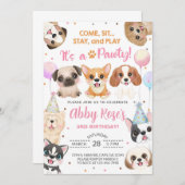 子犬、子犬、子犬の女の子の誕生日の招待。 招待状 (正面/裏面)