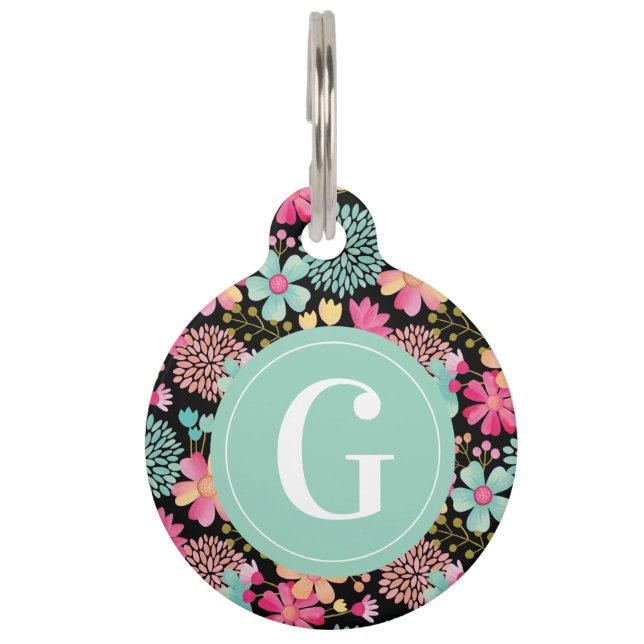 子犬 猫 ペット ID モノグラムイニシャル フラワー ペット　ネームタグ (正面)