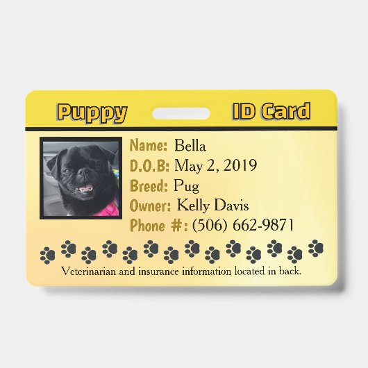 子犬 ID カード - 黄色のバッジ バッジ (正面)