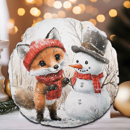 子狐と雪だるま ラウンドクッション