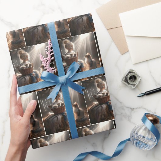 子猫かご入りの小さな女の子 ラッピングペーパー (ギフト)