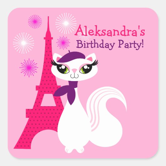 子猫かわいらしパリ誕生日ステッカー スクエアシール (正面)
