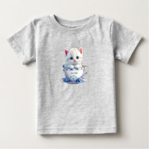 子猫がカップに入った青い花のベビーTシャツ