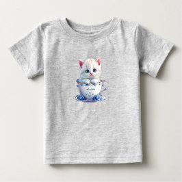 子猫がカップに入った青い花のベビーTシャツ ベビーTシャツ