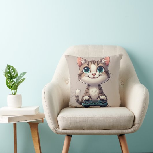 子猫がゲームコントローラを持って笑顔 ゲーマー猫 クッション (椅子)